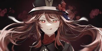 1girl bad_id bad_twitter_id brown_background brown_coat brown_hair coat floating_hair flower flower-shaped_pupils genshin_impact hair_between_eyes hat hat_flower hat_tassel highres hu_tao_(genshin_impact) long_hair plum_blossoms porkpie_hat portrait red_eyes sidelocks solo symbol-shaped_pupils tongue tongue_out twintails yukiusagi_(snowrabbit0508)