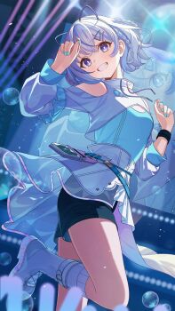 1girl absurdres belt black_shorts blue_belt blue_hair blue_nails blue_shirt camunekoz clothing_cutout cowboy_shot grin guest_art head_out_of_frame highres iriam long_sleeves miria_(iriam) nail_polish overskirt shirt shorts shoulder_cutout shrug_(clothing) skirt smile solo stage stage_lights virtual_youtuber waist_cape white_skirt wristband zoom_layer