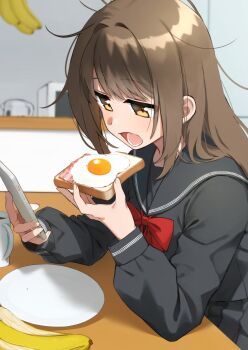 1girl asuka_gin bacon banana black_sailor_collar black_serafuku bow bowtie bread bread_slice brown_hair cellphone cup eating food fried_egg fruit highres holding holding_phone indoors long_hair long_sleeves messy_hair mug open_mouth original phone plate red_bow red_bowtie sailor_collar school_uniform serafuku smartphone solo yellow_eyes