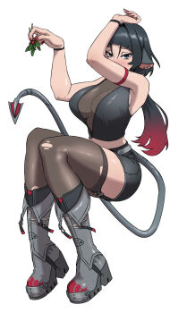 1girl animal_ears arm_on_own_head arm_strap arm_up armpits black_hair black_shirt black_shorts blue_eyes blush boots breasts commentary covering_own_mouth crop_top english_commentary full_body garter_straps gradient_hair grey_boots grey_tail hair_between_eyes high-waist_shorts highres holding_holly holly imdsound invisible_chair jane_doe_(zenless_zone_zero) large_breasts long_hair long_tail midriff_peek mouse_ears mouse_girl mouse_tail multicolored_hair pantyhose red_hair red_nails see-through_clothes sharp_tail shirt shorts simple_background single_garter_strap single_leg_pantyhose single_thighhigh sitting solo tail thighhighs torn_clothes torn_pantyhose torn_thighhighs white_background wristband zenless_zone_zero
