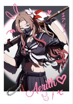 Rule 34 | 1girl, aci (tigerpoetry), aerith gainsborough, aerith gainsborough (midgard seventh high school), black choker, black gloves, black mask, black sailor collar, brown hair, chain, chain belt, character name, choker, commentary request, delinquent, final fantasy, final fantasy vii, final fantasy vii: ever crisis, flower, gloves, green eyes, hair flower, hair ornament, hair ribbon, heart, highres, long hair, long skirt, looking at viewer, mask, mouth mask, navel, official alternate costume, parted bangs, pleated skirt, ponytail, ribbon, sailor collar, school uniform, shirt, sidelocks, skirt, spotlight, sukeban, very long hair, wallet chain, white flower