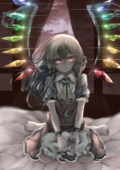 1girl absurdres armband ascot barefoot bed blonde_hair closed_mouth collared_shirt curtains flandre_scarlet frills hair_between_eyes hand_on_own_hat hat highres holding holding_unworn_clothes holding_unworn_hat long_hair looking_at_viewer mob_cap multicolored_eyes muraryo on_bed purple_eyes rainbow_wings red_eyes red_nails red_shirt red_skirt shirt short_sleeves sitting skirt smile solo touhou two-tone_eyes unworn_hat unworn_headwear vampire white_hat window wings wristband yellow_ascot