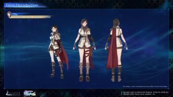 1girl a-pose absurdres black_hair cape character_name colored_tips commentary concept_art copyright_notice cosplay english_commentary final_fantasy final_fantasy_vii final_fantasy_vii:_ever_crisis final_fantasy_xiii fingerless_gloves gloves highres in-franchise_crossover lightning_farron lightning_farron_(cosplay) logo miniskirt multicolored_hair multiple_views official_alternate_costume official_alternate_hairstyle official_art pink_hair red_cape red_eyes reference_sheet shin_guards single_shoulder_pad skirt smile solo standing tifa_lockhart tifa_lockhart_(guardian_corps_uniform) turnaround