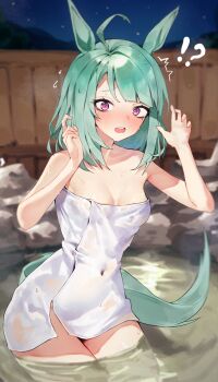 !? 1girl @_@ ahoge animal_ears arms_up blue_hair blush breasts cleavage commentary_request covered_navel cowboy_shot highres horse_ears horse_girl horse_tail leste_(humansequencer) looking_at_viewer medium_hair naked_towel night onsen open_mouth outdoors purple_eyes rock solo standing sugar_lights_(umamusume) tail teeth towel umamusume upper_teeth_only water