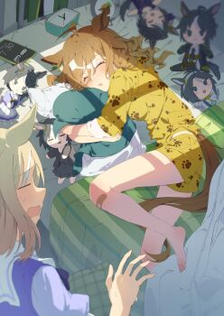 2girls absurdres ahoge alarm_clock animal_ears bandaid bandaid_on_knee bandaid_on_leg barefoot bed blonde_hair brown_hair cellphone character_doll clock closed_eyes commentary_request digital_clock doll drooling facing_another fuji_kiseki_(blanche_etoile)_(umamusume) fuji_kiseki_(shooting_star_revue)_(umamusume) fuji_kiseki_(succes_etoile)_(umamusume) fuji_kiseki_(umamusume) highres holding holding_pillow horse_ears horse_girl horse_tail hugging_object indoors jungle_pocket_(umamusume) komeko97 long_hair lying mouth_drool multicolored_hair multiple_girls narita_top_road_(umamusume) on_bed on_side open_mouth pajama_shorts pajamas parted_lips paw_print phone pillow pillow_hug print_pajamas raised_inner_eyebrows school_uniform shirt short_sleeves sleeping slice_of_life smartphone tail toes tracen_school_uniform two-tone_hair umamusume white_hair window_shadow