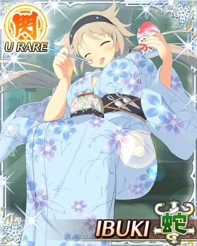 Rule 34 | 1girl, :p, black hairband, blue kimono, border, breasts, brown hair, card (medium), character name, cleavage, closed mouth, cup, eating, floral print, floral print kimono, food, game cg, hairband, holding, holding cup, holding spoon, holstered, ibuki (senran kagura), japanese clothes, kimono, kunai, large breasts, long hair, low twintails, official art, print kimono, senran kagura, senran kagura new wave, shaved ice, sitting, solo, spoon, third-party source, tongue, tongue out, twintails, weapon