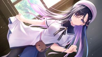 1girl anemoi animal_print backlighting bag bear_print beret black_hair black_pantyhose black_ribbon blue_dress blush breasts clenched_hand closed_mouth colored_inner_hair commentary_request cowboy_shot day dress dutch_angle eyelashes eyes_visible_through_hair fingernails floating_hair game_cg hair_between_eyes hair_ornament hand_up handbag hat hayakawa_rikka highres indoors long_hair looking_at_viewer medium_breasts multicolored_hair na-ga neck_ribbon official_art pantyhose pink_pupils promotional_art purple_eyes purple_hair ribbon short_dress short_sleeves skirt_hold smile solo star_(symbol) star_hair_ornament straight_hair two-tone_dress two-tone_hair very_long_hair white_dress white_hat window