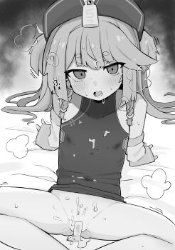 1girl ? absurdres amayuzuko bemani blush bottomless braid braided_sidelocks china_dress chinese_clothes covered_erect_nipples covered_navel cum cum_on_clothes detached_sleeves dress flat_chest greyscale hat heavy_breathing highres jiangshi loli long_hair looking_at_viewer maebari monochrome narrow_hips near_(sound_voltex) ofuda ofuda_on_head open_mouth short_eyebrows sitting solo sound_voltex spread_legs sweat thick_eyebrows tooth two_side_up