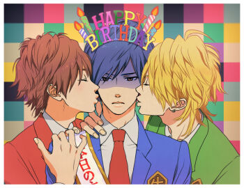 3boys amami_haruka birthday_sash blonde_hair blue_hair blue_jacket border brown_eyes brown_hair closed_eyes closed_mouth colorful_background commentary_request enii fingernails genderswap genderswap_(ftm) green_jacket hands_on_another's_shoulder happy_birthday hoshii_miki idolmaster idolmaster_(classic) jacket kisaragi_chihaya male_focus multiple_boys necktie puckered_lips red_jacket red_necktie shaded_face short_hair unamused white_border yaoi