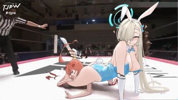 Rule 34 | 2girls, ahoge, asuna (blue archive), asuna (bunny) (blue archive), bare shoulders, black halo, blonde hair, blue archive, blue bow, blue bowtie, blue eyes, blue halo, blue leotard, blush, bow, bowtie, braid, breasts, chico (51m741), cleavage, commentary request, detached collar, gloves, hair over one eye, halo, high heels, huge ahoge, large breasts, leotard, long hair, looking at viewer, mole, mole on breast, multiple girls, neru (blue archive), neru (bunny) (blue archive), orange hair, photo-referenced, red shoes, reverse leg lock, shoes, short hair, smile, thighs, tongue, tongue out, very long hair, white gloves, white shoes