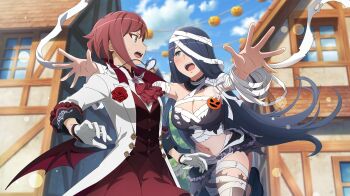 2girls anime_coloring ascot bandage_on_hair bandaged_arm bandaged_chest bandaged_head bandaged_leg bandaged_torso bandages bat_wings blue_eyes blue_hair boutonniere breasts cassandra_ilion cleavage coat danmachi_battle_chronicle daphne_lauros dungeon_ni_deai_wo_motomeru_no_wa_machigatteiru_darou_ka eyeliner fake_wings flower flower_ornament game_cg gloves hair_over_one_eye half-timbered halloween halloween_costume highres house jack-o&#039;-lantern lapels large_breasts light_blush long_hair looking_at_another low_wings makeup midriff monocle monocle_chain multiple_girls mummy_costume navel non-web_source official_alternate_costume official_art one_eye_covered open_clothes open_coat open_mouth outstretched_arms outstretched_hand pumpkin red_ascot red_eyeliner red_flower red_hair red_lips red_rose red_skirt red_vest rose short_hair skirt small_breasts sweatdrop teardrop torn_clothes vampire_costume vest waistcoat white_coat white_gloves wings yellow_eyes