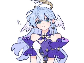 1girl angel_wings aqua_eyes bare_shoulders blue_hair breasts choker cleavage detached_sleeves dress earrings feathered_wings hair_between_eyes halo head_tilt head_wings honkai:_star_rail honkai_(series) jewel_under_eye jewelry long_hair looking_at_viewer low_wings medium_breasts pearl_earrings purple_dress robin_(honkai:_star_rail) short_sleeves simple_background single_earring sleeveless sleeveless_dress solo star-shaped_pupils star_(symbol) star_choker star_earrings star_ornament strapless strapless_dress symbol-shaped_pupils two-tone_dress white_background white_dress white_wings wings zundoko_oniku