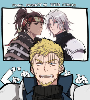 20x26tks 3boys aqua_eyes armor beard black_jacket black_shirt blonde_hair blue_border blue_jacket border brown_eyes brown_hair clenched_teeth commentary_request copyright_name dark-skinned_male dark_skin facial_hair final_fantasy final_fantasy_vii final_fantasy_vii:_ever_crisis frown furrowed_brow glenn_lodbrok grey_hair hair_between_eyes headband jacket male_focus multiple_boys parted_bangs pauldrons ponytail ribbed_shirt rosen_(ff7ec) sephiroth sephiroth_(ever_crisis) shaded_face shirt short_hair shoulder_armor striped_headband sweatdrop tan teeth turtleneck upper_body white_background