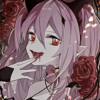 1girl :d bare_shoulders black_dress blood blood_in_mouth blood_on_face blood_on_hands blood_on_mouth bow close-up collar commentary_request detached_collar diamond_hair_ornament double-parted_bangs dress fangs fingers_to_mouth flower halterneck hand_up highres krul_tepes leaf long_hair looking_at_viewer open_mouth owari_no_seraph pink_bow pink_hair pink_ribbon pointy_ears portrait red_eyes red_flower red_rose ribbon rose salty_(sio_to_sato) sidelocks sleeveless sleeveless_dress smile solo thorns two_side_up vampire white_collar
