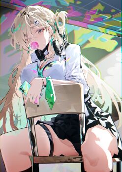 1girl absurdres black_nails blonde_hair blowing_bubble_gum blue_eyes breasts cellphone chewing_gum cleavage commentary earrings eyes_visible_through_hair feet_out_of_frame green_necktie hair_ornament hair_over_one_eye headphones headphones_around_neck highres holding holding_phone its2h35 jewelry large_breasts long_hair looking_at_viewer lynae_(wuthering_waves) nail_polish necktie phone shirt sitting sitting_backwards skull_hair_ornament smartphone solo star_(symbol) star_earrings very_long_hair white_shirt wuthering_waves