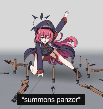 1girl absurdres arm_support armband bayonet blue_archive bolt_action coat english_text explosive grenade gun halo hat highres iroha_(blue_archive) mauser_98 miniskirt necktie peaked_cap purple_eyes red_armband red_necktie rifle ritual skirt solo stick_grenade stielhandgranate summoning weapon xandier59