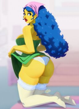 1girl ass bandana blue_hair butt_crack clothes_lift colored_skin dress green_dress green_eyes highres kneeling long_hair looking_at_viewer marge_simpson mature_female panties pink_bandana red_lips see-through_clothes see-through_thighhighs solo strapless strapless_dress the_simpsons thighhighs tovio_rogers underwear white_panties white_thighhighs yellow_skin