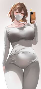 1girl absurdres alternate_costume anis_(nikke) blabla_(nikke) breasts brown_eyes brown_hair cellphone collarbone commentary english_commentary goddess_of_victory:_nikke hair_between_eyes highres holding holding_phone jewelry large_breasts long_sleeves mask medium_hair miz_blank mouth_mask pants phone ring shirt simple_background sleeves_past_wrists smartphone solo standing white_background white_pants white_shirt