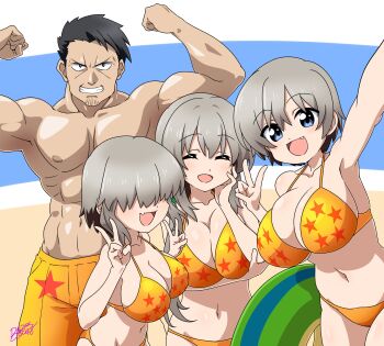 1boy 3girls :d absurdres bikini black_hair blue_eyes breasts cleavage collarbone commentary commission double_biceps_pose double_v english_commentary facing_viewer family fang father_and_daughter flexing grey_hair hair_between_eyes hair_over_eyes highres husband_and_wife large_breasts looking_at_viewer male_swimwear mature_female mother_and_daughter multiple_girls muscular muscular_male navel open_mouth orange_bikini orange_male_swimwear pectorals print_bikini second-party_source short_hair siblings sisters skeb_commission smile standing star_(symbol) star_print star_print_bikini stomach swim_trunks swimsuit takeya_yuuki tongue topless_male uzaki-chan_wa_asobitai! uzaki_fujio uzaki_hana uzaki_tsuki uzaki_yanagi v