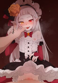 1girl absurdres azuma_shino bare_shoulders black_dress blush bonnet bow breasts censored cowgirl_position cum cum_in_pussy dress eyelashes fangs flat_chest flower frills goth_fashion gothic_outfit grey_hair hair_flower hair_ornament halloween headdress headwear_request heterochromia highres izumi_kumi jewelry loli long_hair looking_at_viewer night nipples no_panties open_mouth original pointy_ears pussy red_eyes riding rose sex sharp_teeth sitting slit_pupils smile spread_legs straddling straight_bangs straight_hair teasing teeth thighs third-party_edit vampire yellow_eyes