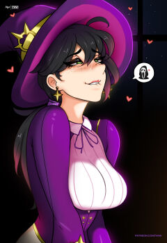 1girl absurdres artist_logo biting_own_lip black_hair breasts collared_dress commentary dress earrings fortnite freckles ghostface green_eyes hair_between_eyes hat heart helsie_(fortnite) helsie_midnight highres jacket jewelry large_breasts logo long_hair long_sleeves low_ponytail mystyhw neck_ribbon night patreon_username pink_lips ponytail purple_hat purple_jacket purple_ribbon ribbon solo white_dress wide_sleeves window wing_collar witch witch_hat