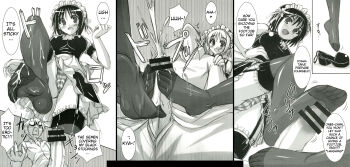 1boy 2girls akaza cum cum_on_body cum_on_feet ejaculation feet foot_focus highres kore_ga_watashi_no_goshujin-sama maid multiple_girls panties pantyhose pantyshot sawatari_izumi sawatari_mitsuki shoes stepping stepping_on_penis tagme thighhighs underwear
