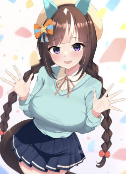 1girl absurdres animal_ears aqua_sweater beret blue_skirt blue_sweater blush braid breasts brown_hair casual collared_shirt commentary_request confetti ear_covers hat hi_ch_mng highres hokko_tarumae_(casual)_(umamusume) hokko_tarumae_(umamusume) horse_ears horse_girl horse_tail large_breasts long_hair looking_at_viewer multicolored_hair open_mouth pleated_skirt purple_eyes ribbon shirt skirt smile solo striped_hair sweater tail twin_braids umamusume very_long_braid very_long_hair white_hat white_shirt