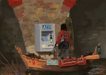 Rule 34 | 1girl, absurdres, atm, black hair, black skirt, boat, bridge, brush stroke, buoy, facing away, film grain, fishing net, from behind, gun, hair ornament, hairclip, hat, highres, holding, holding gun, holding weapon, hood, hood down, jacket, legs apart, long sleeves, medium hair, notfuji, oil lamp, original, outdoors, painterly, pants, plant, pleated skirt, red jacket, rifle, river, rug, scenery, seigaiha, skirt, solo, standing, strap, water, watercraft, weapon, wide shot