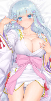1girl bishoujo_mangekyou_(series) bishoujo_mangekyou_ibun:_yuki_onna blue_eyes blue_hair blush breasts cleavage happoubi_jin highres japanese_clothes kimono large_breasts long_hair looking_at_viewer lying on_back open_clothes open_kimono panties pink_sash sash shirayuki_hime_(bishoujo_mangekyou) underwear white_panties