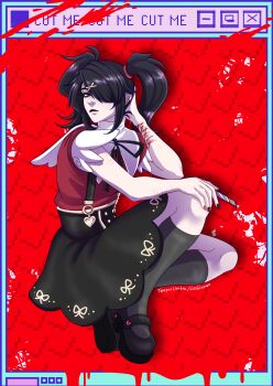 1girl absurdres ame-chan_(needy_girl_overdose) black_hair black_socks boxcutter commentary english_commentary full_body hair_ornament hair_over_one_eye hand_on_own_elbow hand_on_own_head head_tilt highres holding holding_boxcutter long_sidelocks looking_at_viewer needy_girl_overdose platform_sandals red_shirt sandals self-harm shirt short_twintails sidelocks skirt socks solo squatting suspender_skirt suspenders tempusumbra twintails window_(computing) winged_sleeves wrist_cutting x_hair_ornament