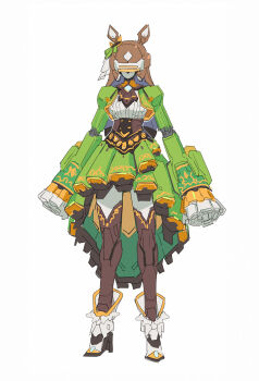 1girl animal_ears ascot black_ascot black_thighhighs breasts brown_hair center_frills commentary_request dress frilled_dress frills full_body green_dress hair_between_eyes highres horse_ears horse_girl horse_tail long_hair long_sleeves looking_at_viewer mechanization medium_breasts multicolored_hair robot sarcophage satono_diamond_(umamusume) simple_background sleeves_past_fingers sleeves_past_wrists solo streaked_hair tail thighhighs umamusume very_long_hair white_background white_footwear white_hair