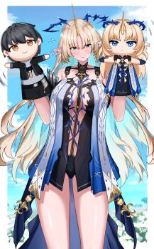 1girl absurdres bare_shoulders black_collar black_dress blonde_hair blue_eyes blue_hair blue_sky blush border breasts closed_mouth collar colored_inner_hair commentary_request cowboy_shot crown_of_thorns day dress earrings fleurdelys_(wuthering_waves) floating_earrings hand_puppet hands_up highres horns jewelry korean_commentary large_breasts long_hair long_horns looking_at_viewer male_rover_(wuthering_waves) multicolored_hair necklace out_of_character pointy_ears puppet reikacatfish rover_(wuthering_waves) sidelocks single_horn sky solo tabard tacet_mark_(wuthering_waves) thighs very_long_hair white_border white_tabard wuthering_waves yellow_horns