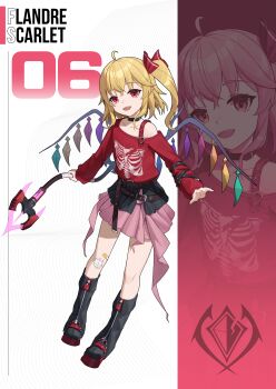 1girl absurdres alternate_costume arm_belt bandaid bandaid_on_knee bandaid_on_leg belt belt_collar black_collar black_leg_warmers black_shoes blonde_hair bone_print brown_belt character_name collar collarbone commentary contemporary crystal crystal_wings english_commentary flandre_scarlet full_body highres holding holding_weapon icewind0223 laevatein_(touhou) leg_warmers long_sleeves looking_at_viewer multicolored_wings one_side_up open_mouth pink_skirt pointy_ears print_shirt red_eyes red_shirt shirt shoes skirt smile touhou weapon wings zoom_layer