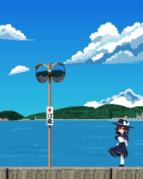 1girl ankle_socks black_capelet black_hat black_shoes black_skirt bow bowtie brown_eyes brown_hair capelet cloud commentary_request hat hat_bow highres location_request medium_hair mirror mountain one_eye_closed pixel_art red_bow red_bowtie ribbon-trimmed_capelet ribbon-trimmed_skirt ribbon_trim ruru2koichi shirt shirt_tucked_in shoes shore skirt socks solo standing touhou traffic_mirror translation_request usami_renko white_bow white_shirt white_socks wide_shot