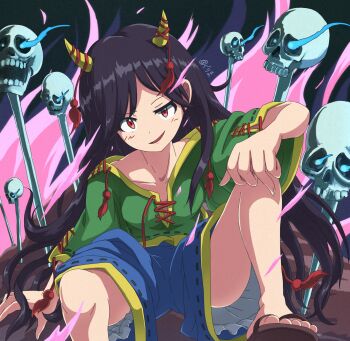 1girl aura baggy_clothes baggy_pants baggy_shorts barefoot_sandals_(jewelry) black_hair blue_shorts flip-flops green_shirt grin gurina_15 highres horns kneehighs long_hair looking_at_viewer nippaku_zanmu oni oni_horns pants sandals shirt shorts single_kneehigh single_sock skull smile smug socks solo string string_of_fate touhou unfinished_dream_of_all_living_ghost very_long_hair yellow_horns