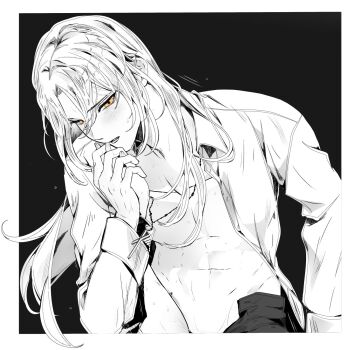 1boy abs bedge black_background border brown_eyes collared_shirt cross cross_necklace degrees_of_lewdity greyscale highres jewelry long_hair monochrome necklace open_clothes open_shirt outside_border shirt simple_background solo spot_color sydney_(degrees_of_lewdity) sydney_(male)_(degrees_of_lewdity) white_border
