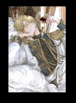 1boy bed black_border black_shirt blonde_hair border borrowed_clothes coat cowboy_shot cup curtains demon_horns drinking_glass epaulettes hand_on_own_face highres holding holding_cup horns kim_dokja knee_up lying male_focus official_alternate_costume omniscient_reader&#039;s_viewpoint on_side one_eye_closed pillow shirt short_hair sitting smirk solo toupou39 white_coat wine_glass yellow_eyes