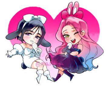 2girls alien_stage animal_ears black_boots black_dress black_hair blue_hair boots bow bow_hairband chest_bow clothing_cutout commentary deformed dress dress_bow english_commentary floppy_ears gloves gradient_hair hair_bow hairband heart juliet_sleeves long_hair long_sleeves milkbedtime mizi_(alien_stage) multicolored_hair multiple_girls off-shoulder_dress off_shoulder one_eye_closed outstretched_arm pink_bow pink_hair puffy_sleeves purple_eyes rabbit_ears rabbit_girl rabbit_tail shoulder_cutout sua_(alien_stage) tail two-tone_hair very_long_hair white_boots white_bow white_dress white_gloves white_hairband yellow_eyes