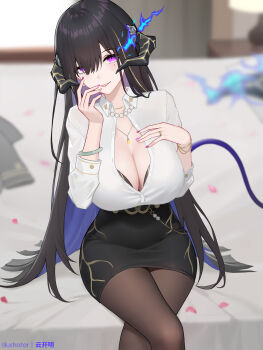 1girl black_hair blurry blurry_background breasts cleavage collared_shirt colored_inner_hair commentary_request demon_horns hand_on_own_chest highres honkai:_star_rail honkai_(series) horns jewelry large_breasts long_hair looking_at_viewer mole mole_under_eye multicolored_hair multicolored_nails nail_polish necklace pearl_necklace pencil_skirt pink_nails purple_eyes purple_hair purple_nails shirt sitting skirt solo the_dahlia_(honkai:_star_rail) white_shirt yellow_nails yunkaiming