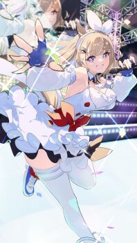 1girl absurdres almond_eye_(umamusume) animal_ears armpits bare_shoulders blonde_hair blue_eyes blue_gloves bow bow_hairband breasts commentary_request cross-shaped_pupils dress dress_bow fingerless_gloves frilled_dress frills gloves hairband highres holding holding_microphone horse_ears horse_girl horse_tail long_hair looking_at_viewer medium_breasts microphone open_hand outstretched_arm red_bow smile solo stage stage_lights standing standing_on_one_leg symbol-shaped_pupils tail thighhighs thighs umamusume white_bow white_dress white_thighhighs x_x yakousei_a