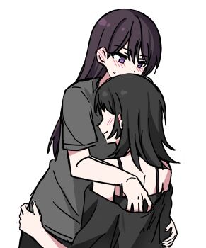 Rule 34 | 2girls, bang dream!, bang dream! it's mygo!!!!!, black hair, black shirt, blush, brown hair, commentary, ear blush, grey shirt, hand on another's waist, hashtag-only commentary, highres, long hair, multiple girls, off-shoulder shirt, off shoulder, purple eyes, shiina taki, shirt, simple background, smile, white background, yahata umiri, you100086, yuri