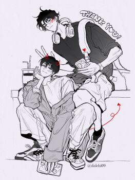 Rule 34 | 2boys, between legs, black shirt, bunny ears prank, commentary, cup, dalchi09, demon, drawn horns, drawn tail, drink, english commentary, expressionless, full body, grin, hand between legs, hand on own chin, head rest, headphones, headphones around neck, heart, highres, holding, holding phone, jacket, jacket partially removed, kim dokja, leaning forward, looking at viewer, male focus, multiple boys, omniscient reader's viewpoint, phone, shirt, smile, smirk, spot color, spread legs, t-shirt, yoo joonghyuk