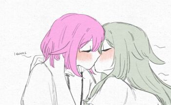 2girls blush closed_eyes commentary english_commentary green_hair highres hood hoodie kcmvnd kiss kusanagi_nene long_hair multiple_girls ootori_emu pink_hair project_sekai short_hair white_background yuri
