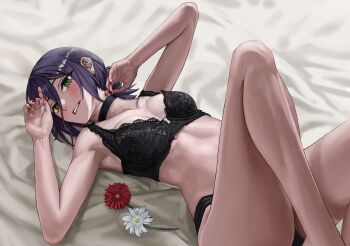 1girl absurdres armpits black_bra black_choker black_panties bra breasts chainsaw_man choker flower green_eyes hair_between_eyes highres khione_(yukhione) knees_up looking_at_viewer panties purple_hair red_flower reze_(chainsaw_man) small_breasts solo underwear white_flower