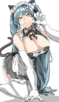 1girl @_@ absurdres animal_ear_fluff animal_ears apron aqua_hair arm_support bell black_dress black_ribbon breasts cat_ears cat_tail cleavage collared_dress dangerouswani dress elbow_gloves embarrassed frilled_dress frills gloves goddess_of_victory:_nikke highres kneeling large_breasts long_hair looking_down maid maid_headdress neck_bell neck_ribbon paw_hair_ornament paw_pose privaty_(nikke) privaty_(unkind_maid)_(nikke) ribbon shadow solo sweat tail thighhighs twintails very_long_hair waist_apron white_background white_gloves white_thighhighs yellow_eyes