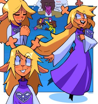 1other 2girls animal_ears animal_nose antlers barefoot blonde_hair blush book brown_eyes brown_fur brown_jacket brown_pants buck_teeth closed_eyes collared_shirt colored_sclera colored_skin cup deer_ears deer_tail deltarune disposable_cup dress drink eyelashes furry furry_female green_shirt highres holding holding_book hooves horns imagining jacket kris_(deltarune) long_dress long_hair long_sleeves looking_at_viewer medium_hair multiple_girls multiple_views noelle_holiday oakblu open_mouth orange_fur pants purple_dress purple_robe purple_scales purple_skin red_nose reindeer_antlers reindeer_girl robe sharp_chin sharp_teeth shirt smile susie_(church_clothes)_(deltarune) susie_(deltarune) tail teeth typo utdr_(toby_fox) wavy_mouth wide-eyed yellow_sclera