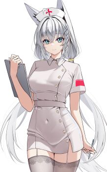 1girl absurdres ahoge animal_ear_fluff animal_ears belt braid breasts clipboard commentary_request covered_navel cross fox_ears fox_girl fox_tail green_eyes grey_thighhighs hair_between_eyes hat highres holding holding_clipboard holding_pen hololive keystone_(costone) long_hair looking_at_viewer low_twintails nurse nurse_cap pen red_cross shirakami_fubuki short_sleeves sidelocks simple_background single_braid solo tail thighhighs twintails virtual_youtuber white_background white_hair zettai_ryouiki
