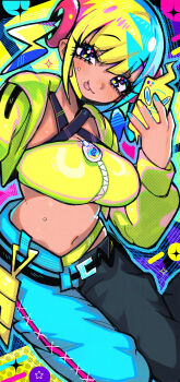 1girl :p alt_text bandeau belt black_mask blonde_hair blue_eyes blue_hair blue_nails breasts canari_(pokemon) commentary criss-cross_straps cropped_jacket english_commentary gen_4_pokemon grizzace hand_up highres holding holding_phone jacket large_breasts looking_at_viewer mask mega_stone mouth_mask multicolored_hair navel nintendo pants phone pokemon pokemon_legends:_z-a rotom rotom_phone smile solo split-color_hair star_(symbol) sweat tongue tongue_out twintails two-tone_mask two-tone_pants yellow_bandeau yellow_jacket yellow_mask yellow_nails