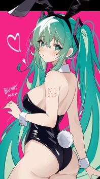 1girl absurdres animal_ears black_leotard blush breasts coco_irasuto detached_collar fake_animal_ears fake_tail green_eyes green_hair hair_ornament hatsune_miku highleg highleg_leotard highres large_breasts leotard long_hair looking_at_viewer number_tattoo pink_background playboy_bunny rabbit_ears rabbit_tail simple_background solo strapless strapless_leotard tail tattoo twintails vocaloid wrist_cuffs