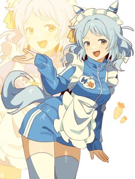 1girl animal_ears apron blue_jacket blue_shorts breasts brown_eyes carrot com_draw_ouo commentary ear_covers frilled_apron frills grey_hair highres hishi_miracle_(umamusume) horse_ears horse_girl horse_tail jacket jersey_maid long_sleeves looking_at_viewer maid maid_apron maid_headdress medium_breasts medium_hair name_tag open_mouth safety_pin shorts smile symbol-only_commentary tail thighhighs track_jacket turtleneck turtleneck_jacket umamusume unconventional_maid waist_apron white_apron white_headdress white_thighhighs zoom_layer